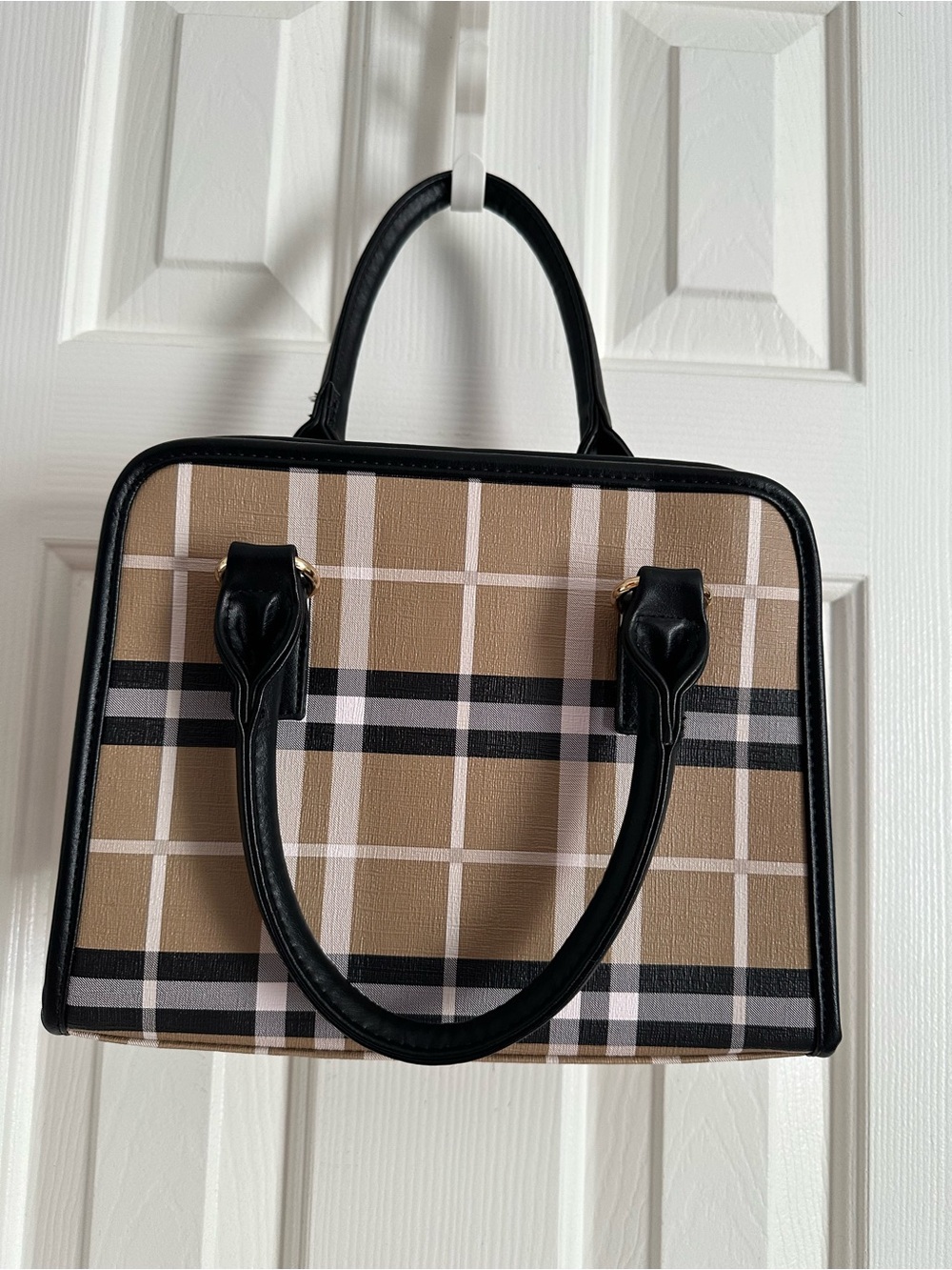 Burberry Beige Plaid Satchel with Black Trim and Gold Hardware - Picture 3 of 9